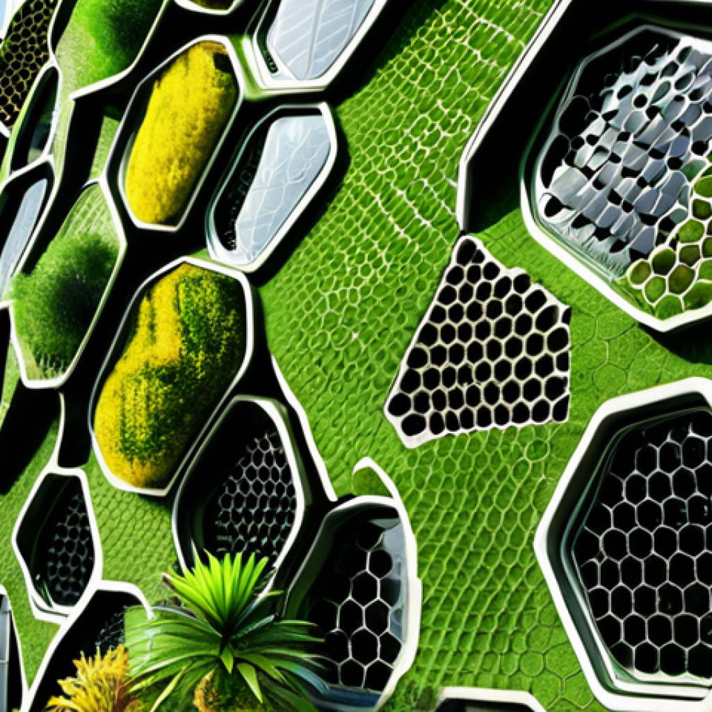 ** A futuristic building with a honeycomb-like structure and green walls, inspired by nature, with solar panels resembling leaves integrated into the design. Emphasize sustainable architecture and biomimicry.

**