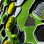 ** A futuristic building with a honeycomb-like structure and green walls, inspired by nature, with solar panels resembling leaves integrated into the design. Emphasize sustainable architecture and biomimicry.

**