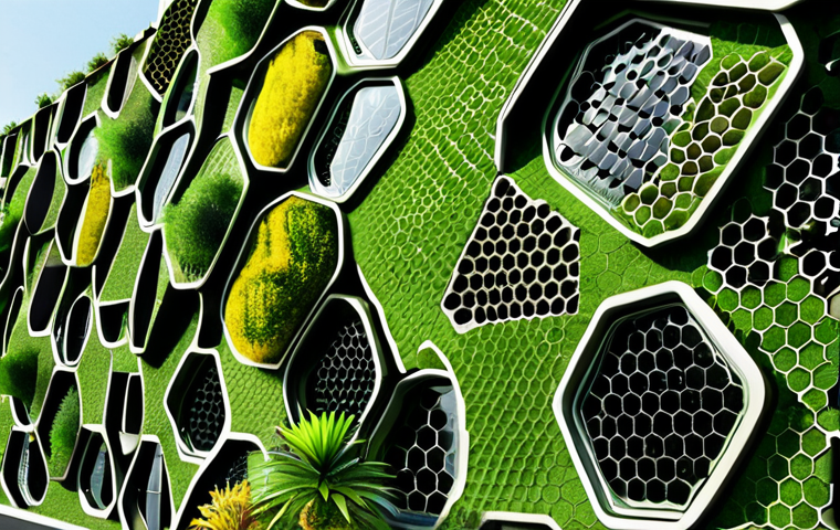 ** A futuristic building with a honeycomb-like structure and green walls, inspired by nature, with solar panels resembling leaves integrated into the design. Emphasize sustainable architecture and biomimicry.
**