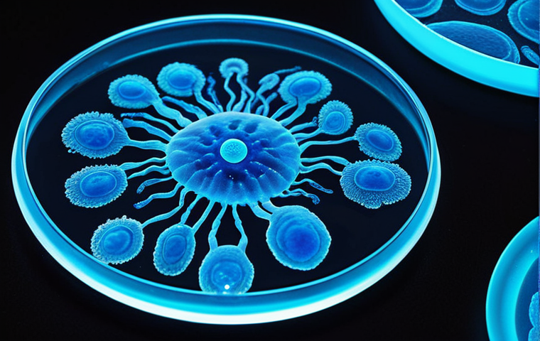 **
Prompt: Bioluminescent bacteria painting, abstract, glowing, petri dish canvas, science meets art, ethereal, close-up detail.
**