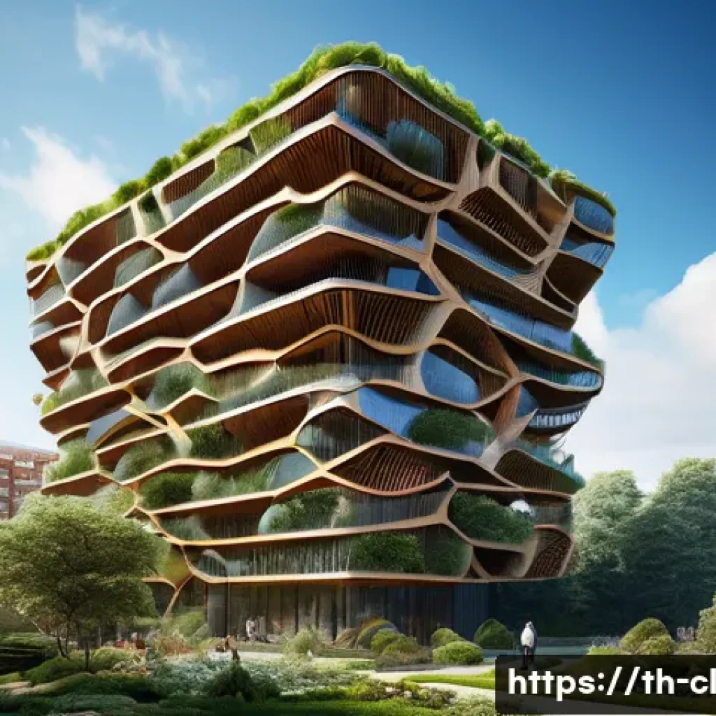 생체모방 예술의 프로젝트 사례 - A modern architectural building inspired by biomimicry, featuring honeycomb-like structural patterns...