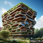 생체모방 예술의 프로젝트 사례 - A modern architectural building inspired by biomimicry, featuring honeycomb-like structural patterns...