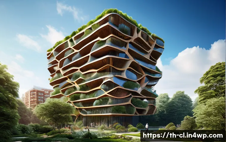 생체모방 예술의 프로젝트 사례 - A modern architectural building inspired by biomimicry, featuring honeycomb-like structural patterns...