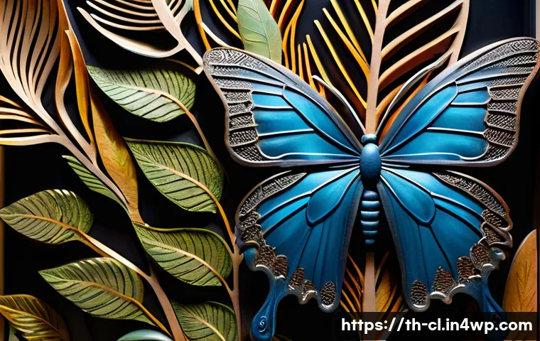 생체모방 예술의 창작 과정 - A detailed close-up of a mixed-media bio-inspired art sculpture combining natural elements like drie...