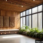 생체모방 예술의 디자인 프로세스 - A modern art gallery interior bathed in soft natural light from large windows, featuring sculptures ...