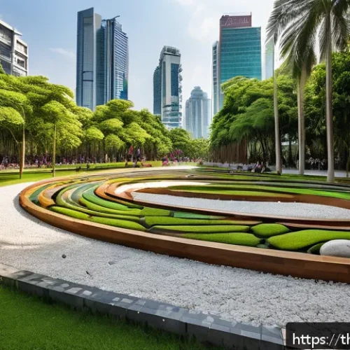 Home 30 생체모방 예술과 공공 예술 - A vibrant urban public park in Bangkok featuring large outdoor sculptures made from natural material...