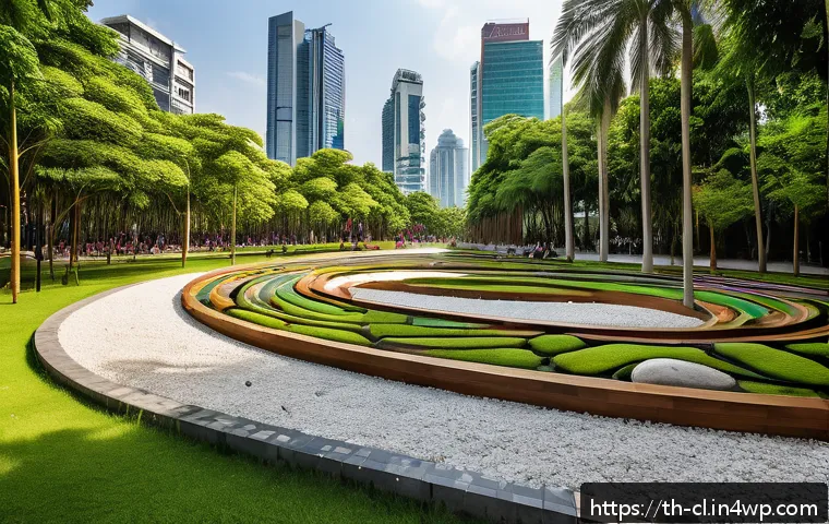 생체모방 예술과 공공 예술 - A vibrant urban public park in Bangkok featuring large outdoor sculptures made from natural material...