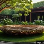 생체모방 예술 집합체의 특징 - A detailed bio-art installation inspired by natural leaf patterns and bird nest structures, featurin...