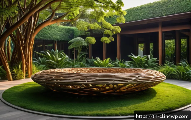 생체모방 예술 집합체의 특징 - A detailed bio-art installation inspired by natural leaf patterns and bird nest structures, featurin...